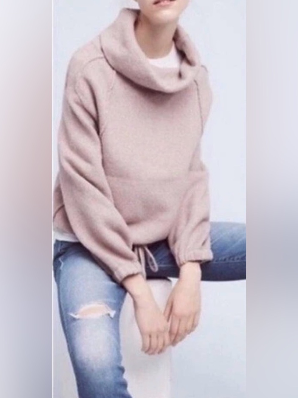 Anthropologie Field Flower Cowl Neck Pouch Pocket Sweater Taupe GUC